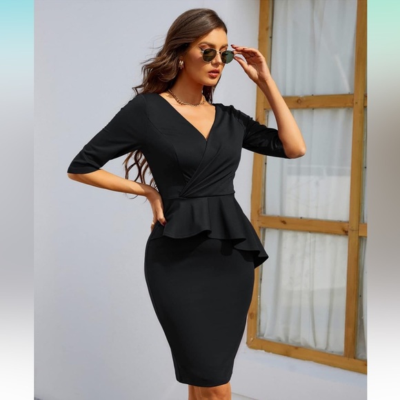 *NEW* Women Office Pencil Dress Wrap V Neck Ruffle Hem For Work Dresses - Picture 5 of 10